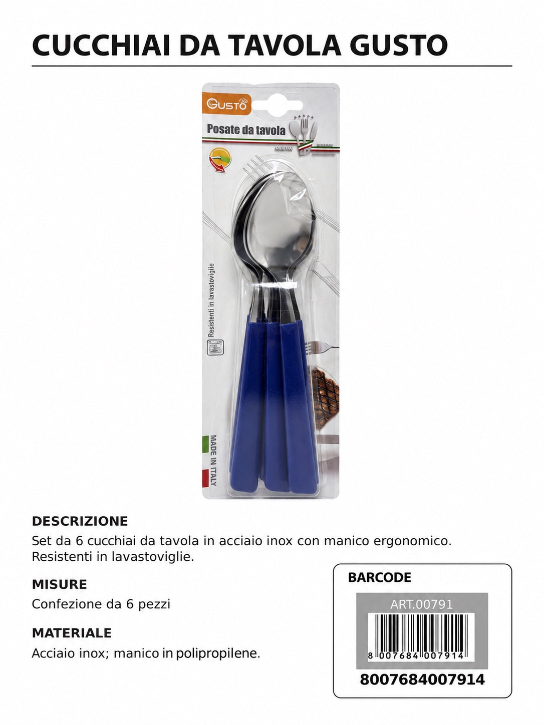 Serie Tavola Bls 6 Pz Cucchiaio Inox M/Blu In Scat. 8 Bls Cart. Pers. Gusto