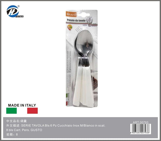 Serie Tavola Bls 6 Pz Cucchiaio Inox M/Bianco In Scat. 8 Bls Cart. Pers. Gusto
