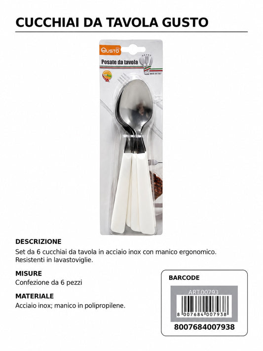 Serie Tavola Bls 6 Pz Cucchiaio Inox M/Bianco In Scat. 8 Bls Cart. Pers. Gusto