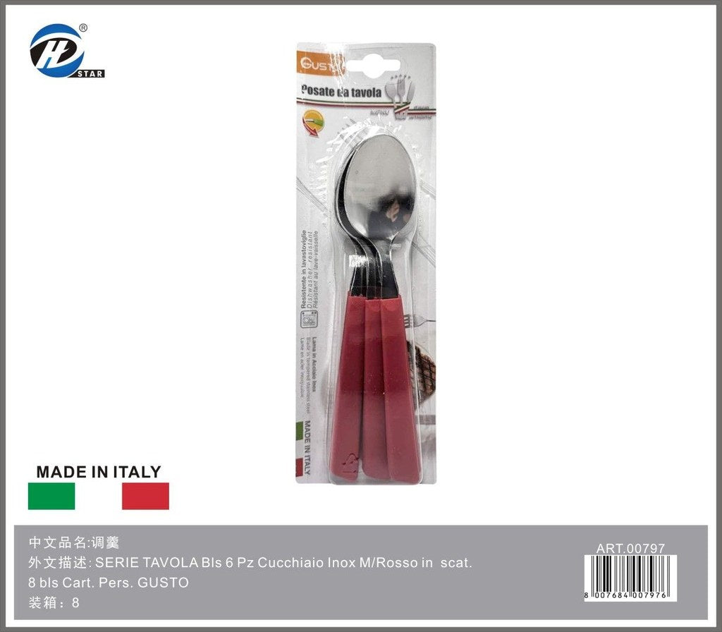 Serie Tavola Bls 6 Pz Cucchiaio Inox M/Rosso In Scat. 8 Bls Cart. Pers. Gusto