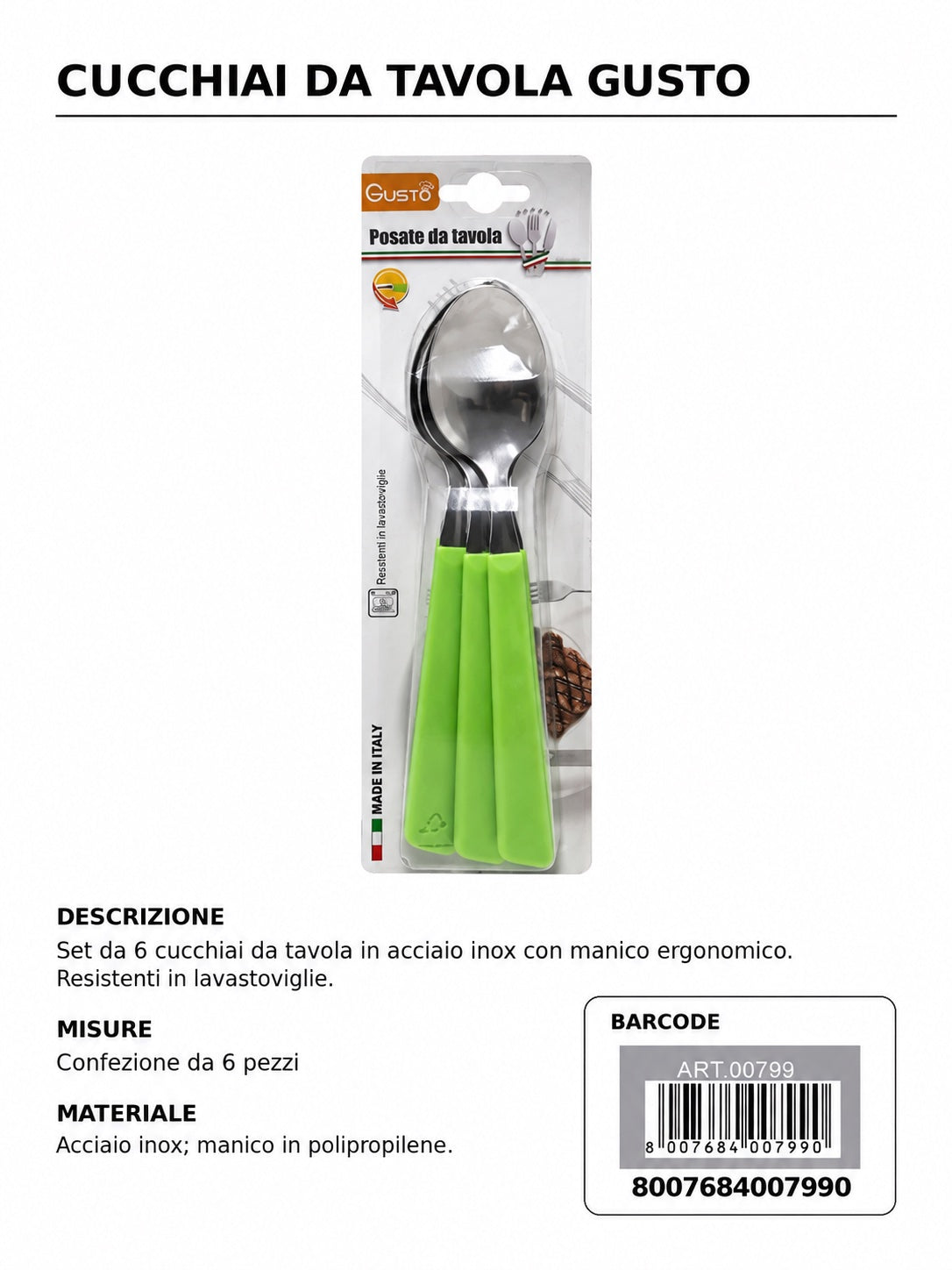 Serie Tavola Bls 6 Pz Cucchiaio Inox M/Verde In Scat. 8 Bls Cart. Pers. Gusto