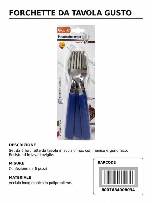 Serie Tavola Bls 6 Pz Forchetta Inox M/Blu In Scat. 8 Bls Cart. Pers. Gusto