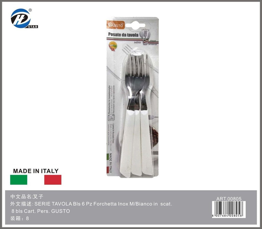 Serie Tavola Bls 6 Pz Forchetta Inox M/Bianco In Scat. 8 Bls Cart. Pers. Gusto
