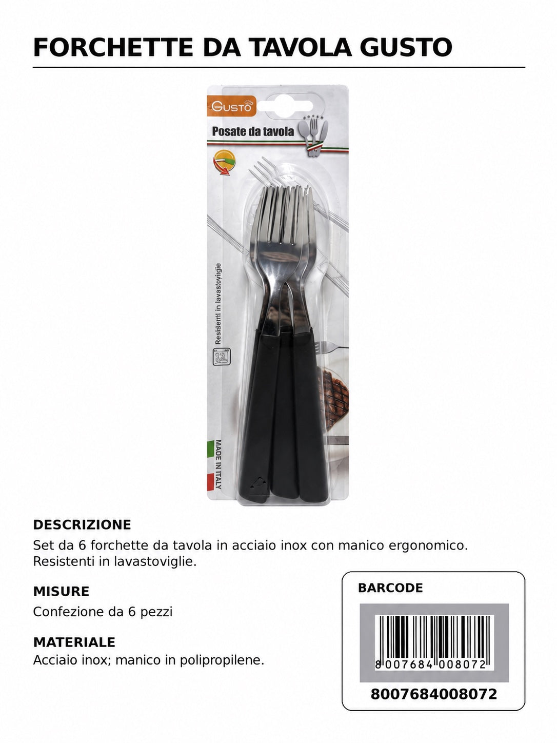 Serie Tavola Bls 6 Pz Forchetta Inox M/Nero In Scat. 8 Bls Cart. Pers. Gusto