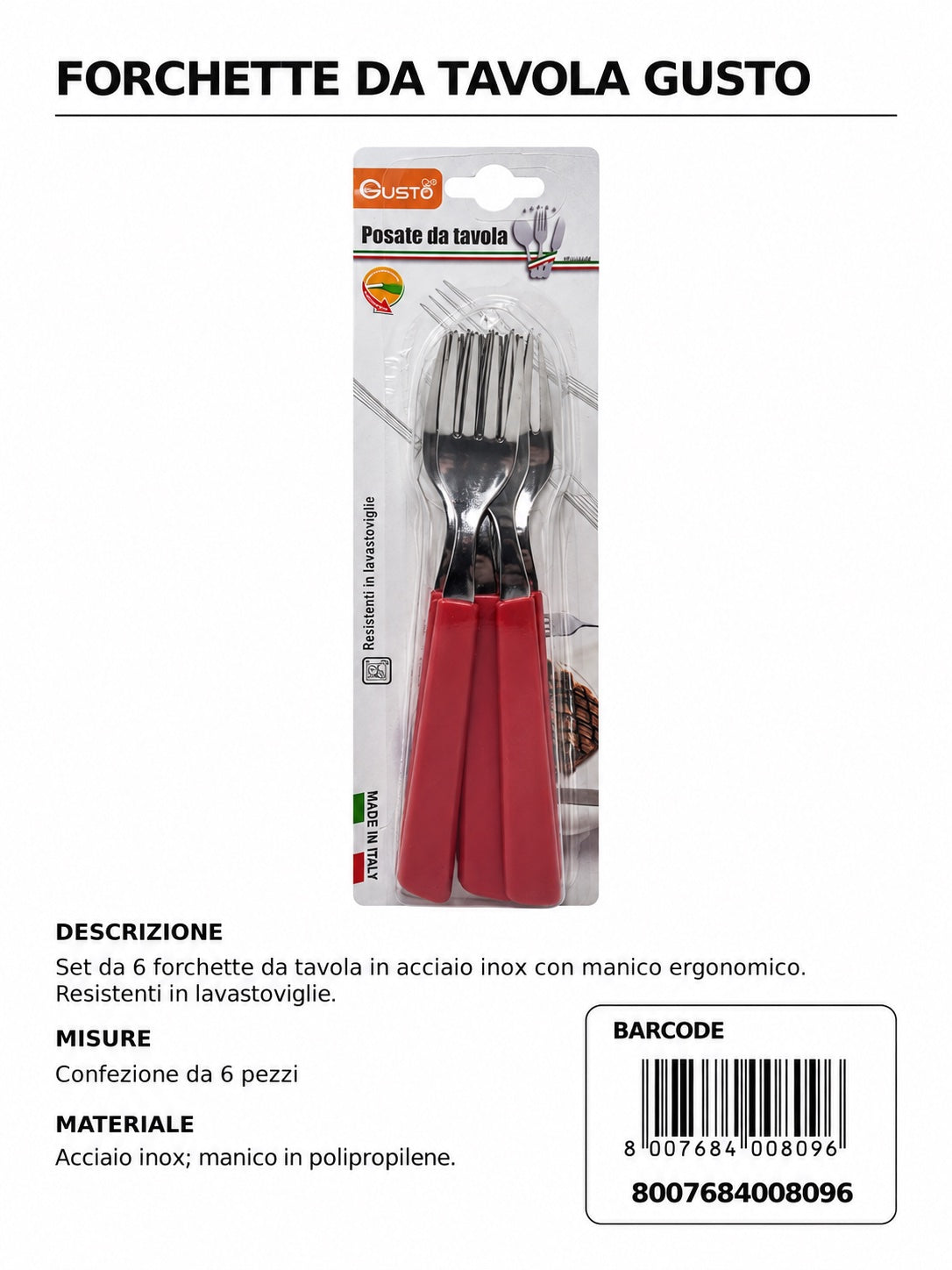 Serie Tavola Bls 6 Pz Forchetta Inox M/Rosso In Scat. 8 Bls Cart. Pers. Gusto