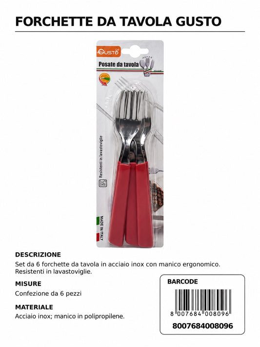 Serie Tavola Bls 6 Pz Forchetta Inox M/Rosso In Scat. 8 Bls Cart. Pers. Gusto