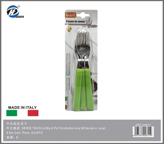 Serie Tavola Bls 6 Pz Forchetta Inox M/Verde In Scat. 8 Bls Cart. Pers. Gusto