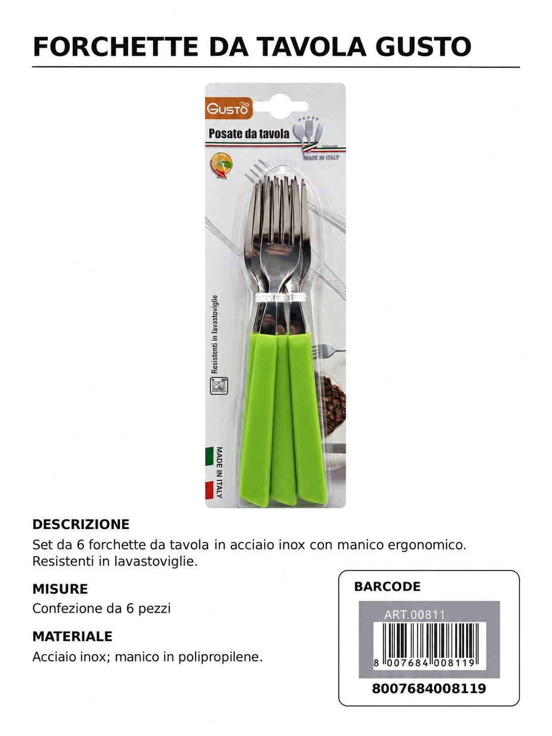 Serie Tavola Bls 6 Pz Forchetta Inox M/Verde In Scat. 8 Bls Cart. Pers. Gusto