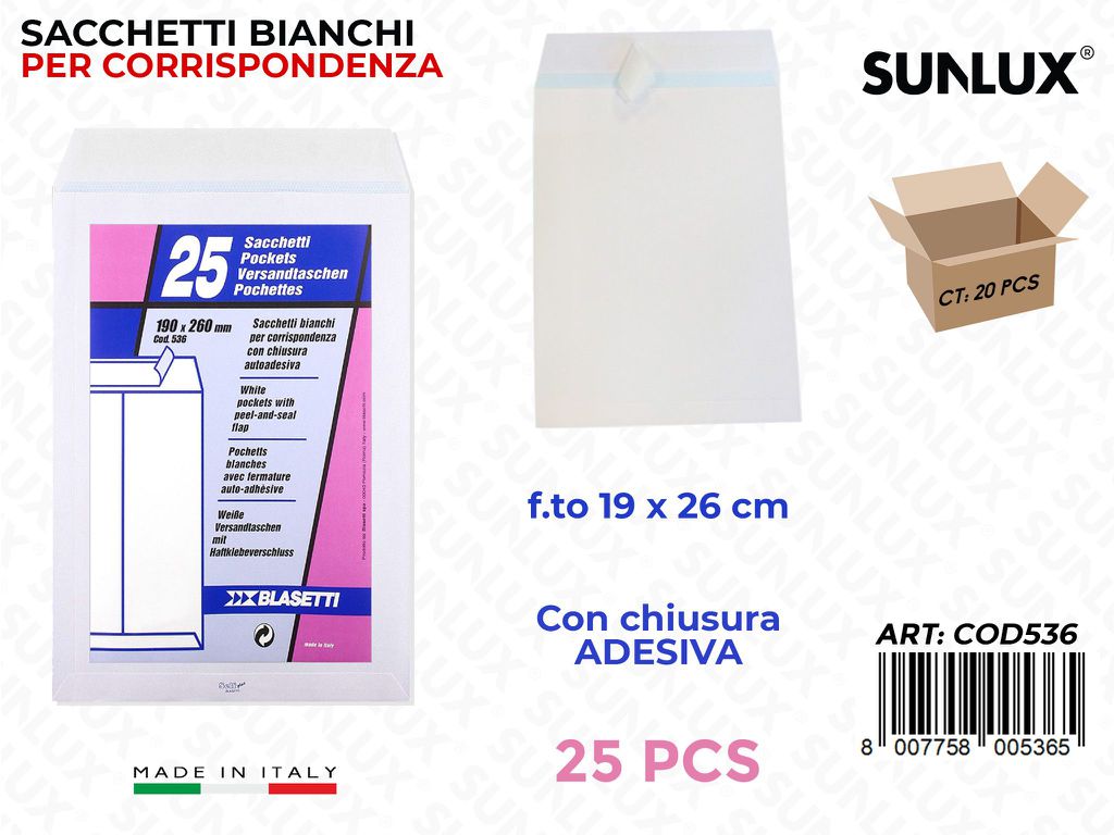 Buste Pack c/Adv Bianco 25PCS 190*260MM