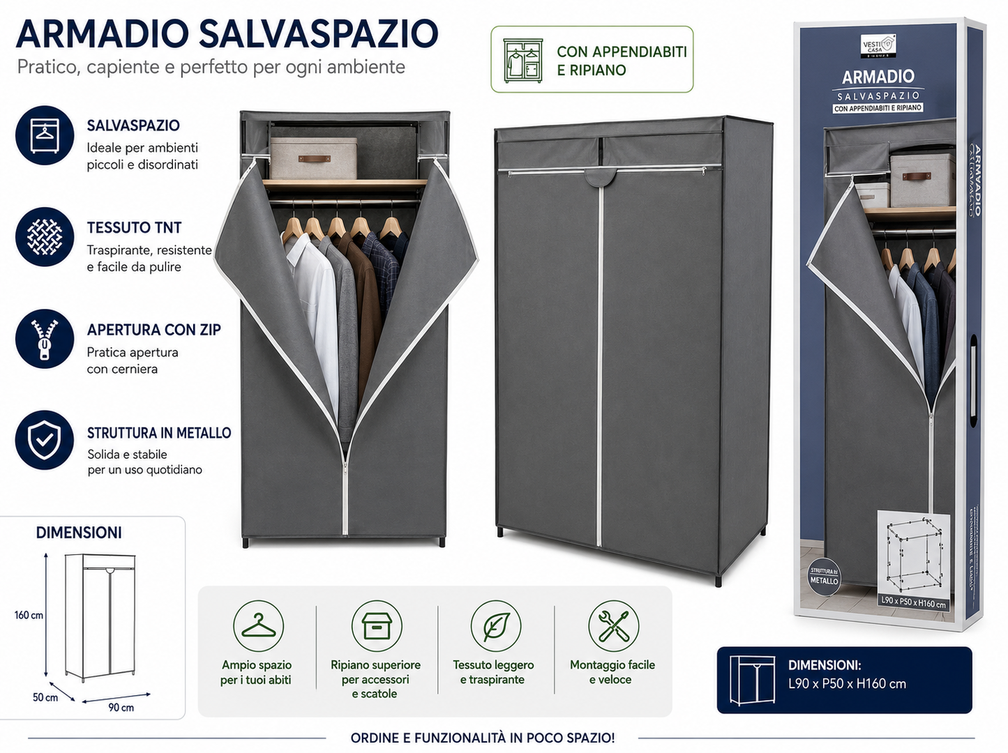 ARMADIO C/CERNIERA GRIGIO 90X50X160 CM