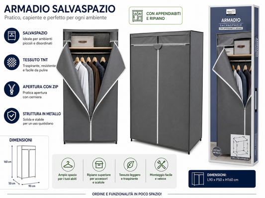 ARMADIO C/CERNIERA GRIGIO 90X50X160 CM
