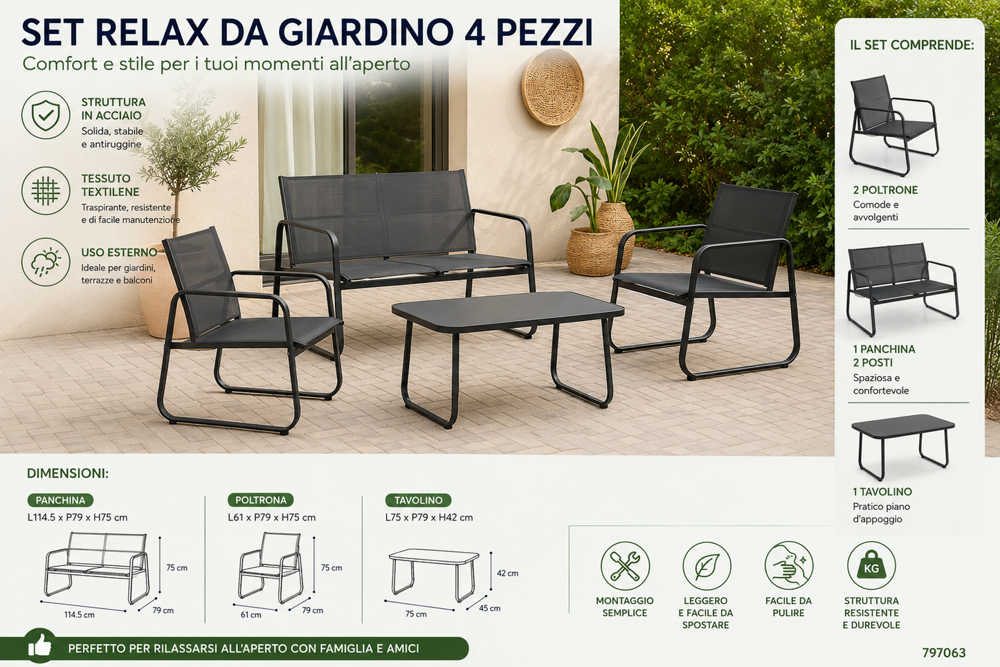 SET PANCHINA C/2 POLTRONE E TAVOLO