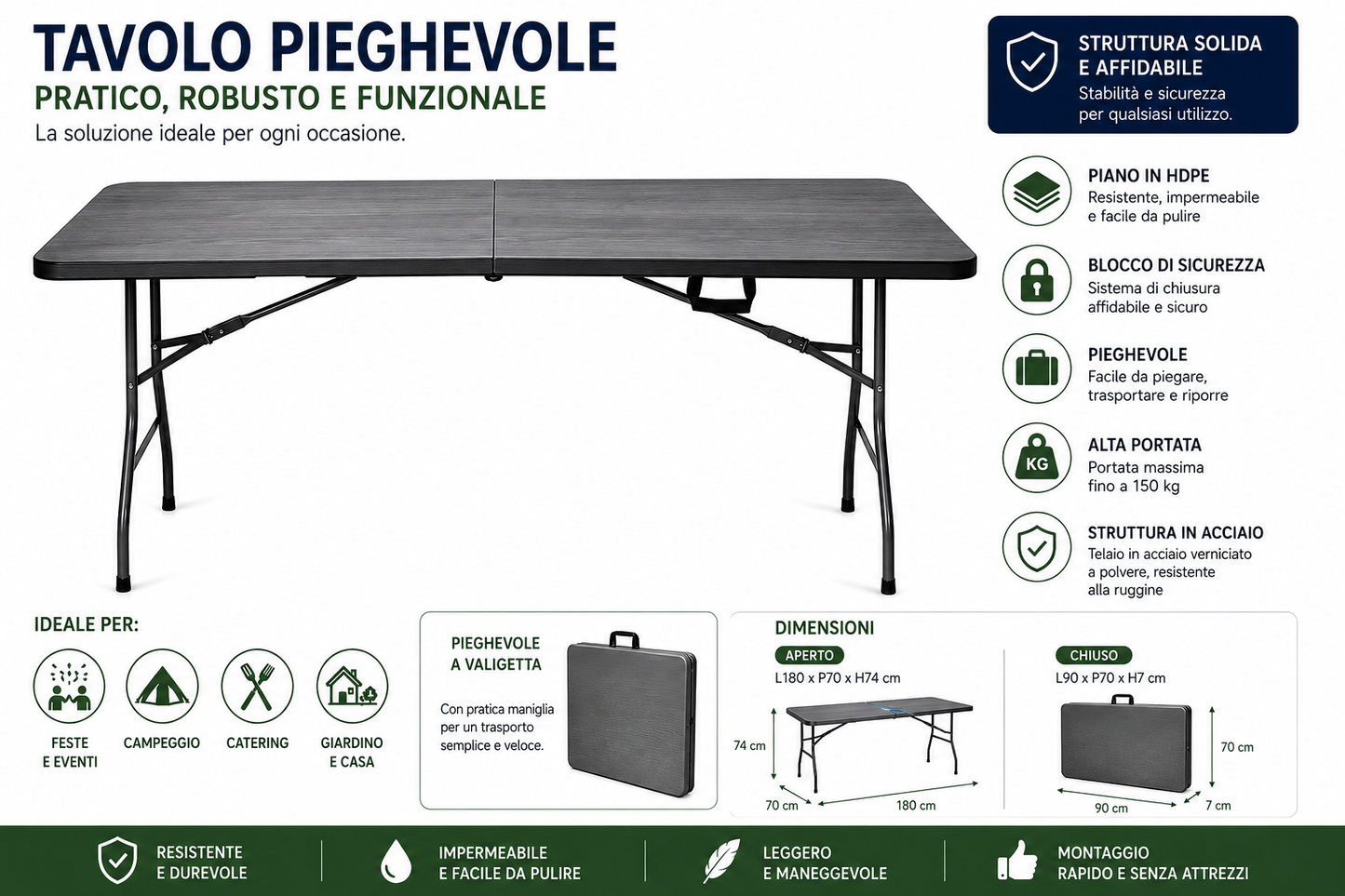 TAVOLINO PIEGH. 180X70X74 CM GRIGIO