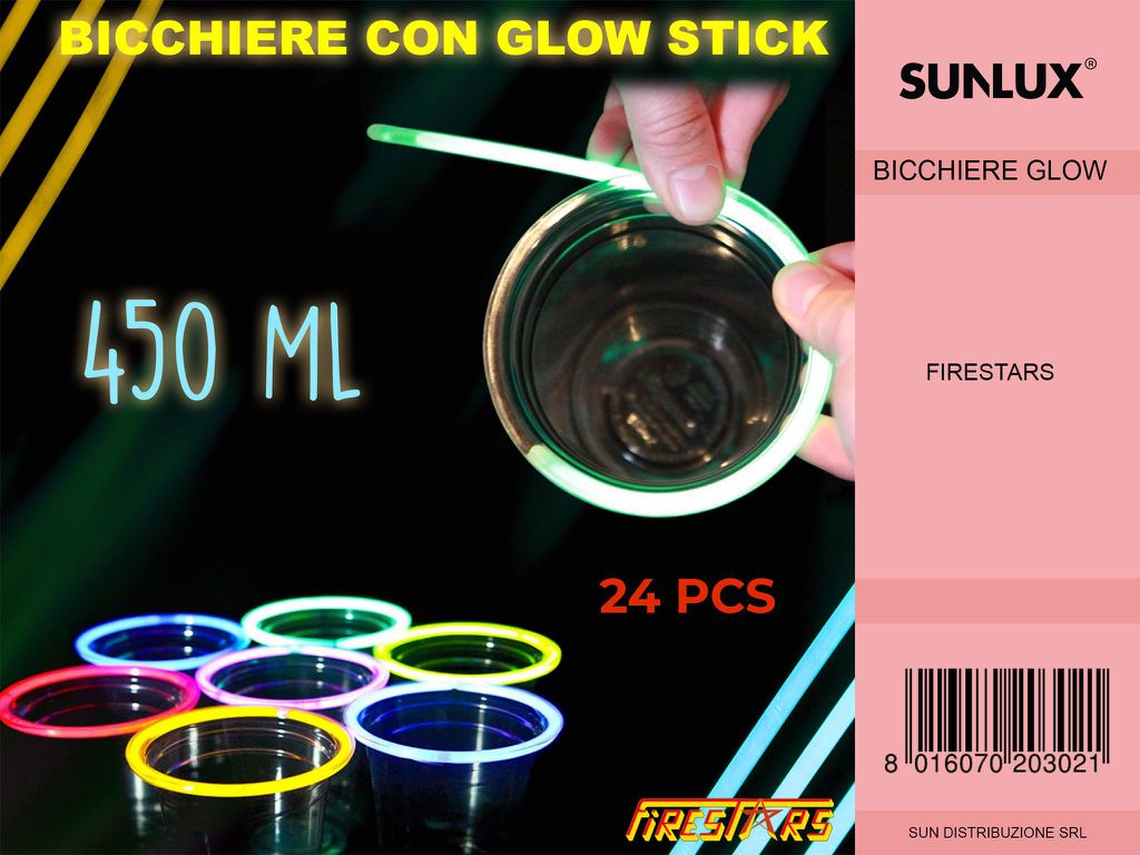 BICCHIERI 450ML CON GLOWSTICK 24 PZ/PACCO /PZ DA 8**