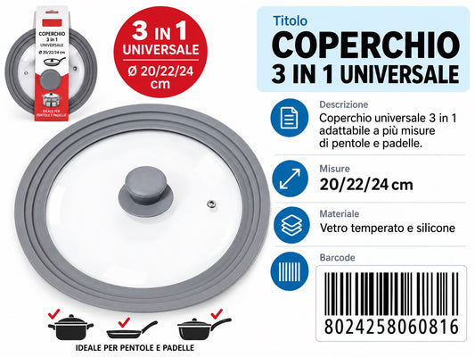 Coperchio Universale Kt2362d-2 Silicone+Vetro cm 20/22/24