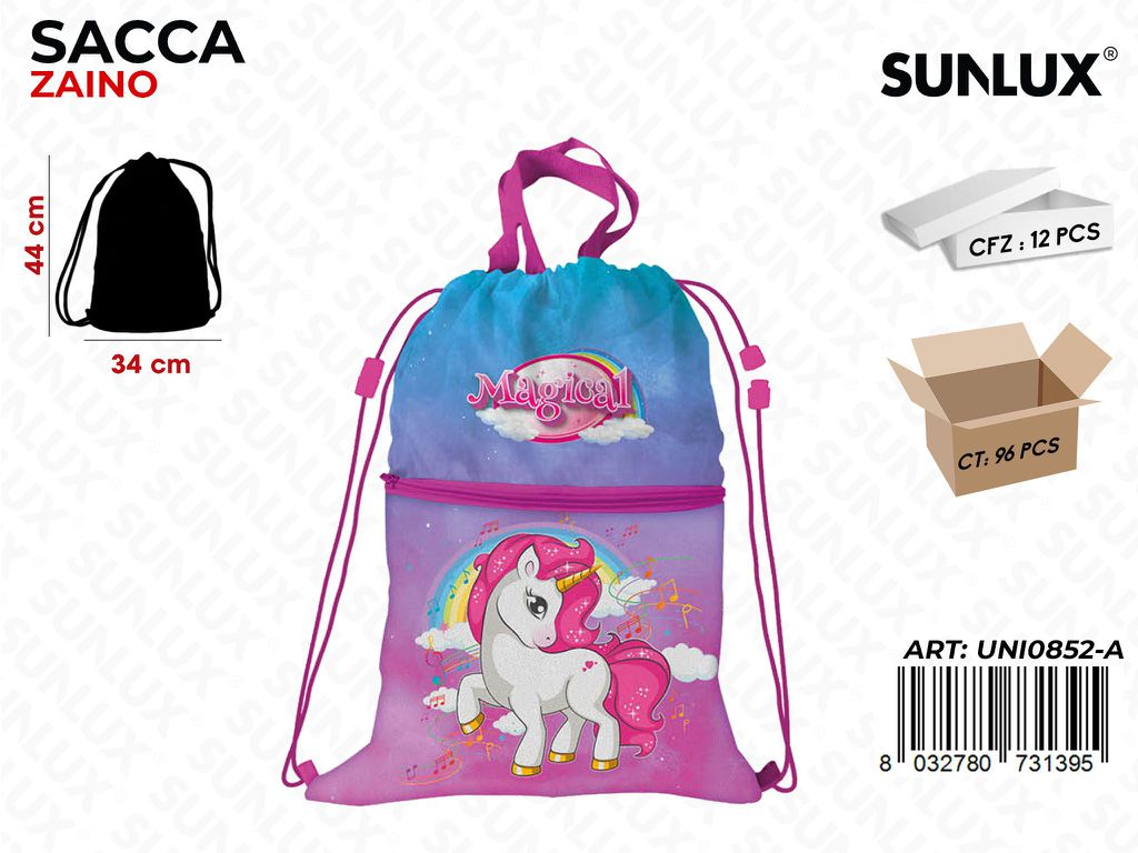 SACCA ZAINO UNICORN C/TASCA 44*33CM /PZ DA 12**
