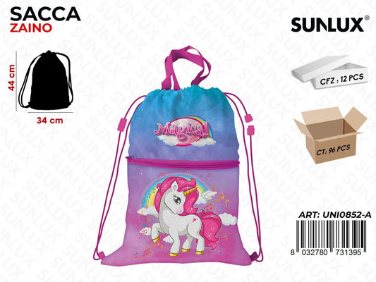 SACCA ZAINO UNICORN C/TASCA 44*33CM /PZ DA 12**