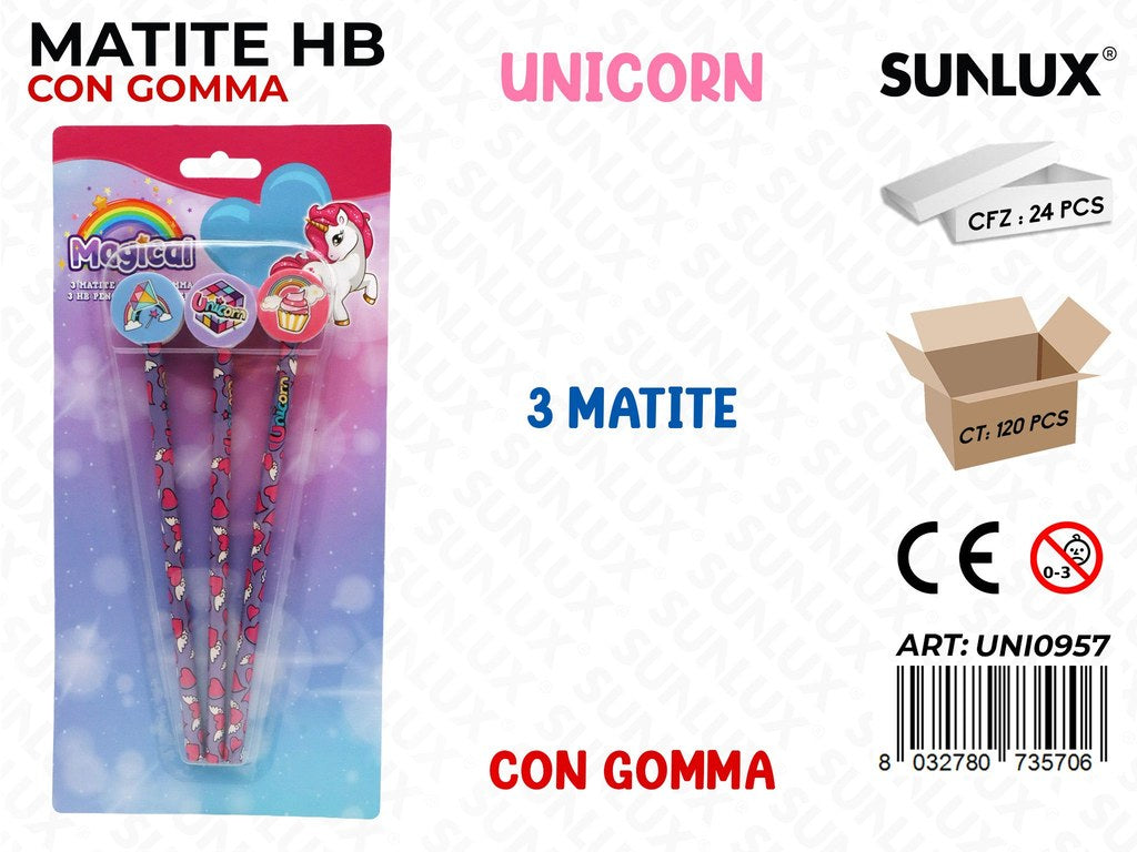 MATITE HB C/ GOMMA UNICORN 3PCS