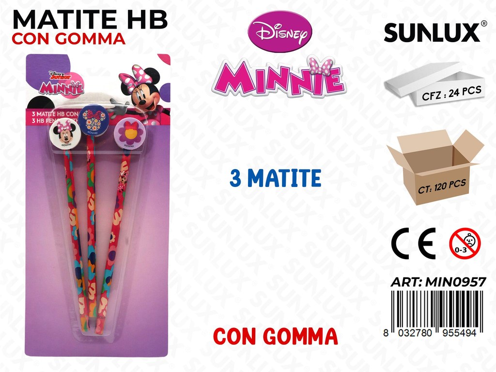 MATITE HB C/ GOMMA MINNIE 3PCS