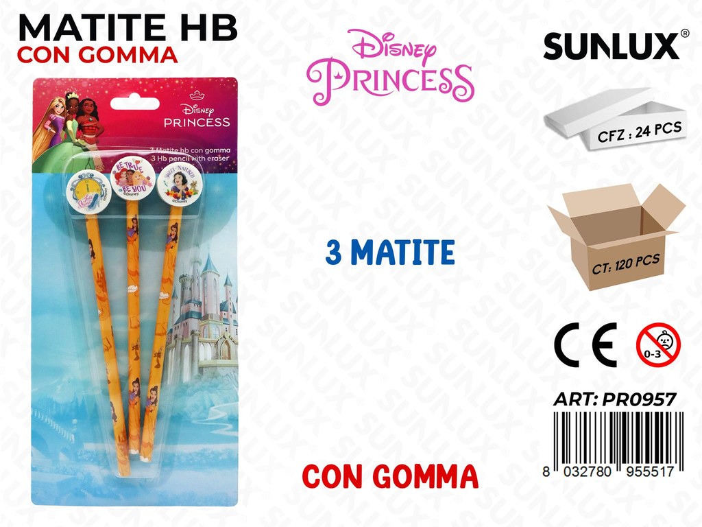 MATITE HB C/ GOMMA PRINCESS 3PCS