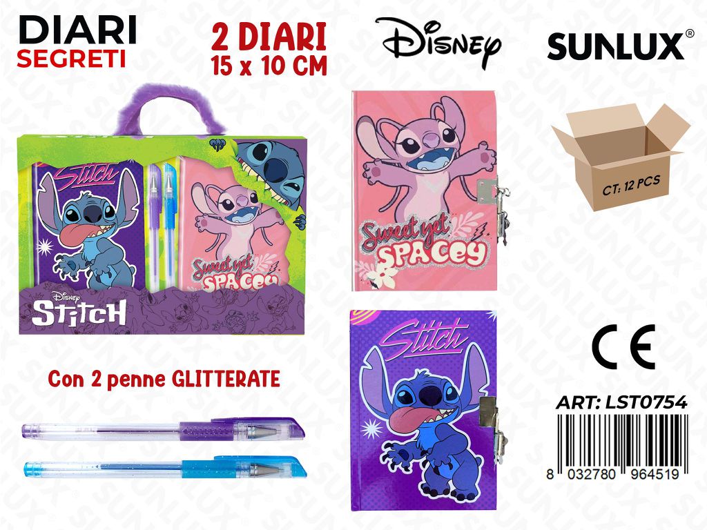DIARIO SEGRETO STITCH 2PCS C/ PENNE GLITTER