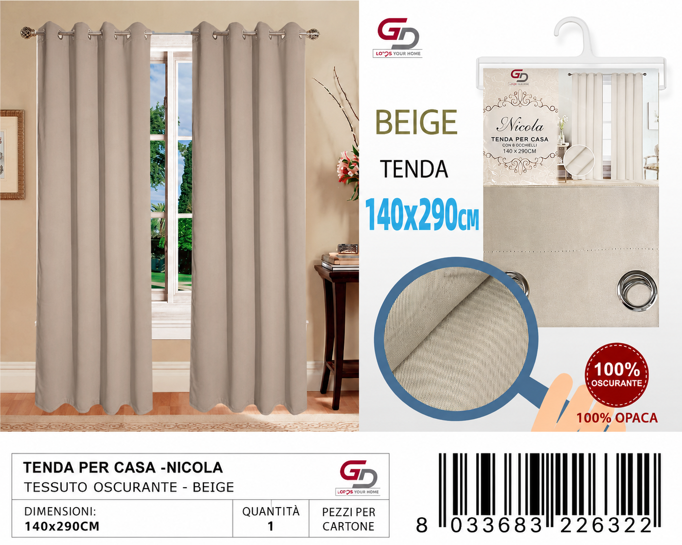 TENDA PER CASA NICOLA-OLIVIA 140X290CM