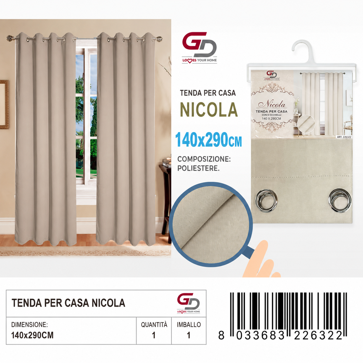 TENDA PER CASA NICOLA-OLIVIA 140X290CM