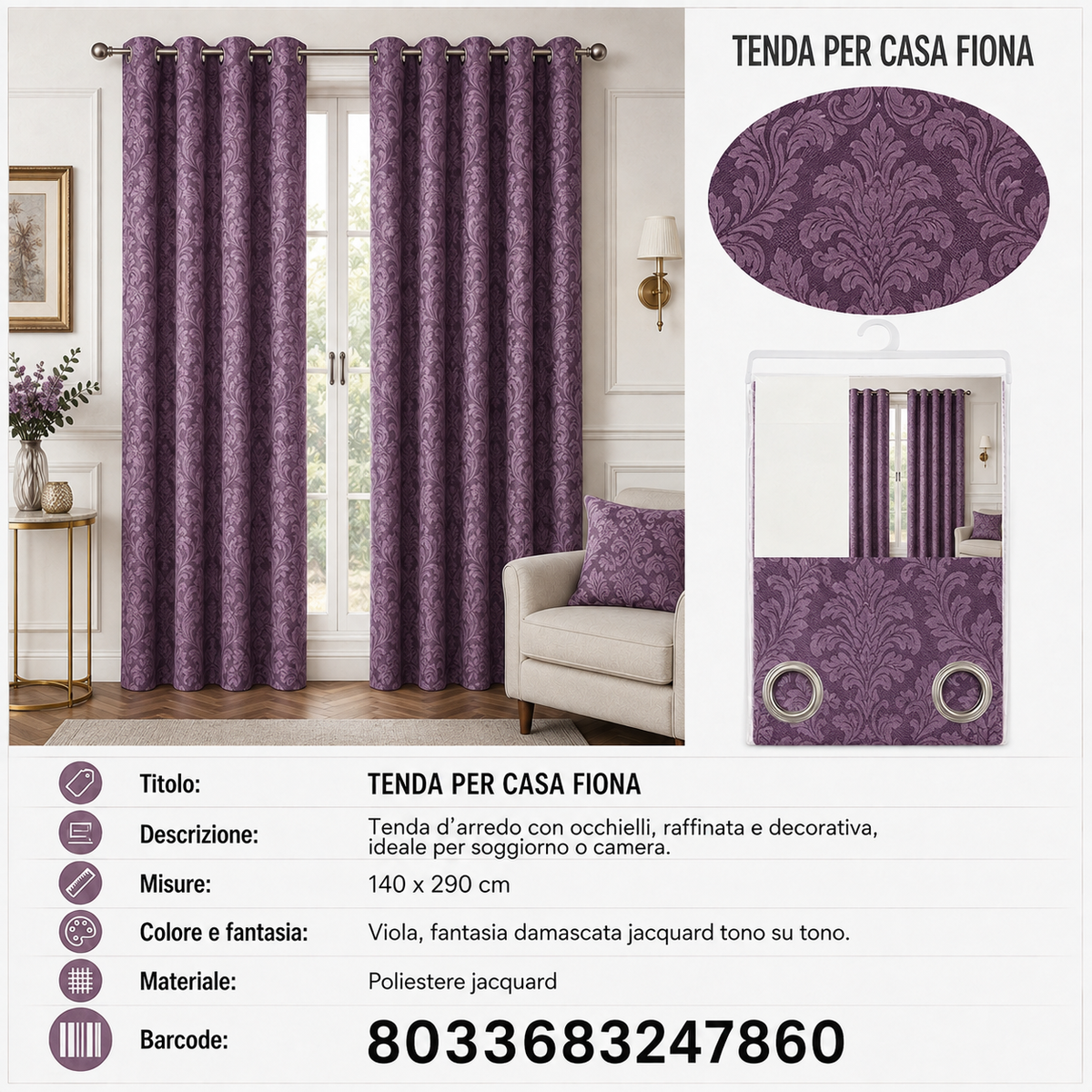 TENDA PER CASA FIONA 140*290CM VIOLA - 8033683247860