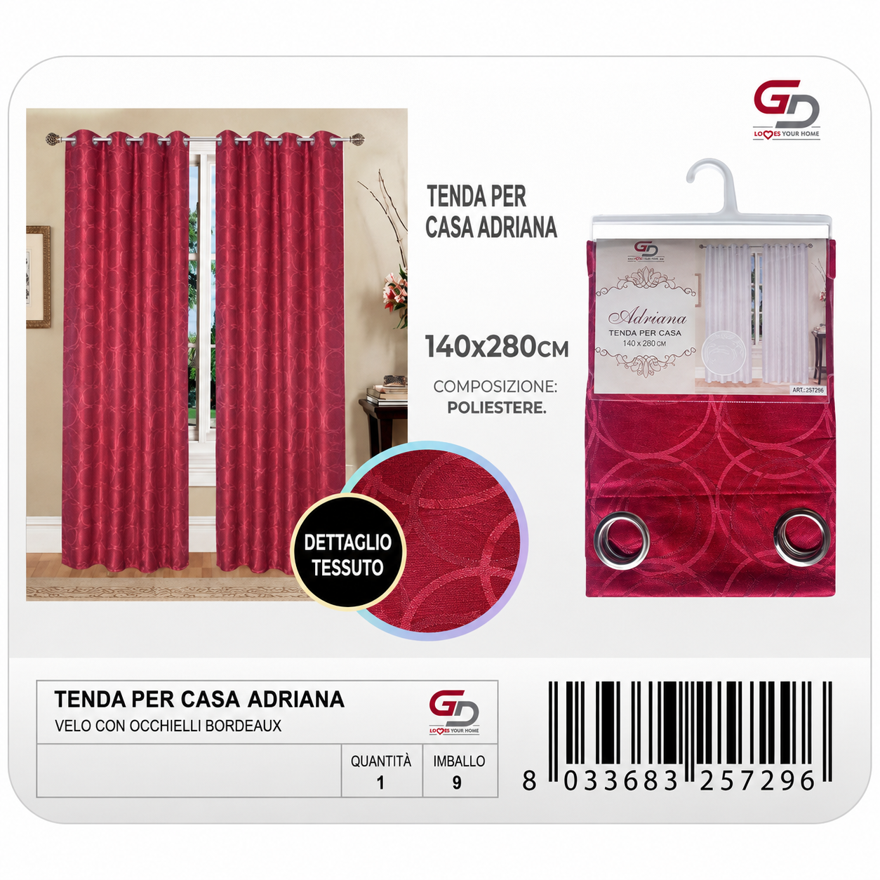 TENDA PER CASA ADRIANA 140*280CM BORDEAUX