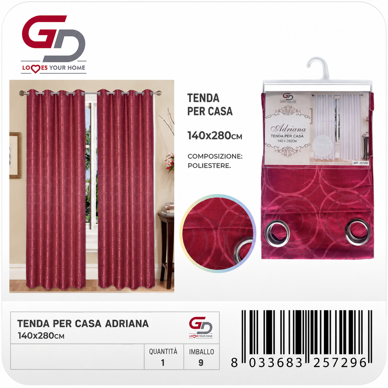 TENDA PER CASA ADRIANA 140*280CM BORDEAUX