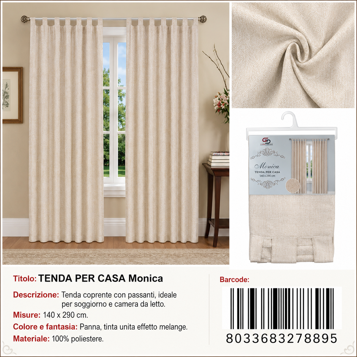TENDA PER CASA MONICA 140*290CM PANNA - 8033683278895