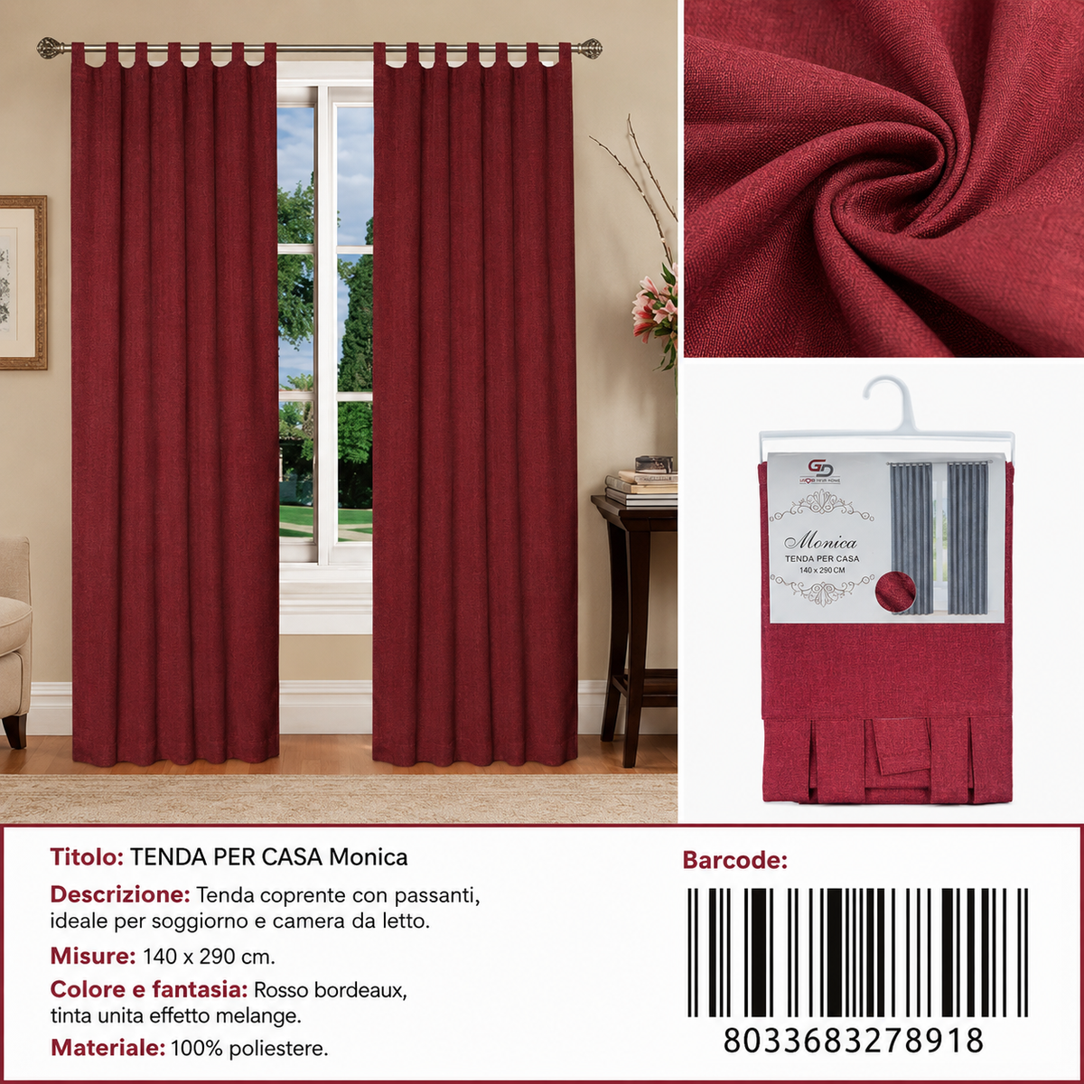 TENDA PER CASA MONICA 140*290CM ROSSO - 8033683278918