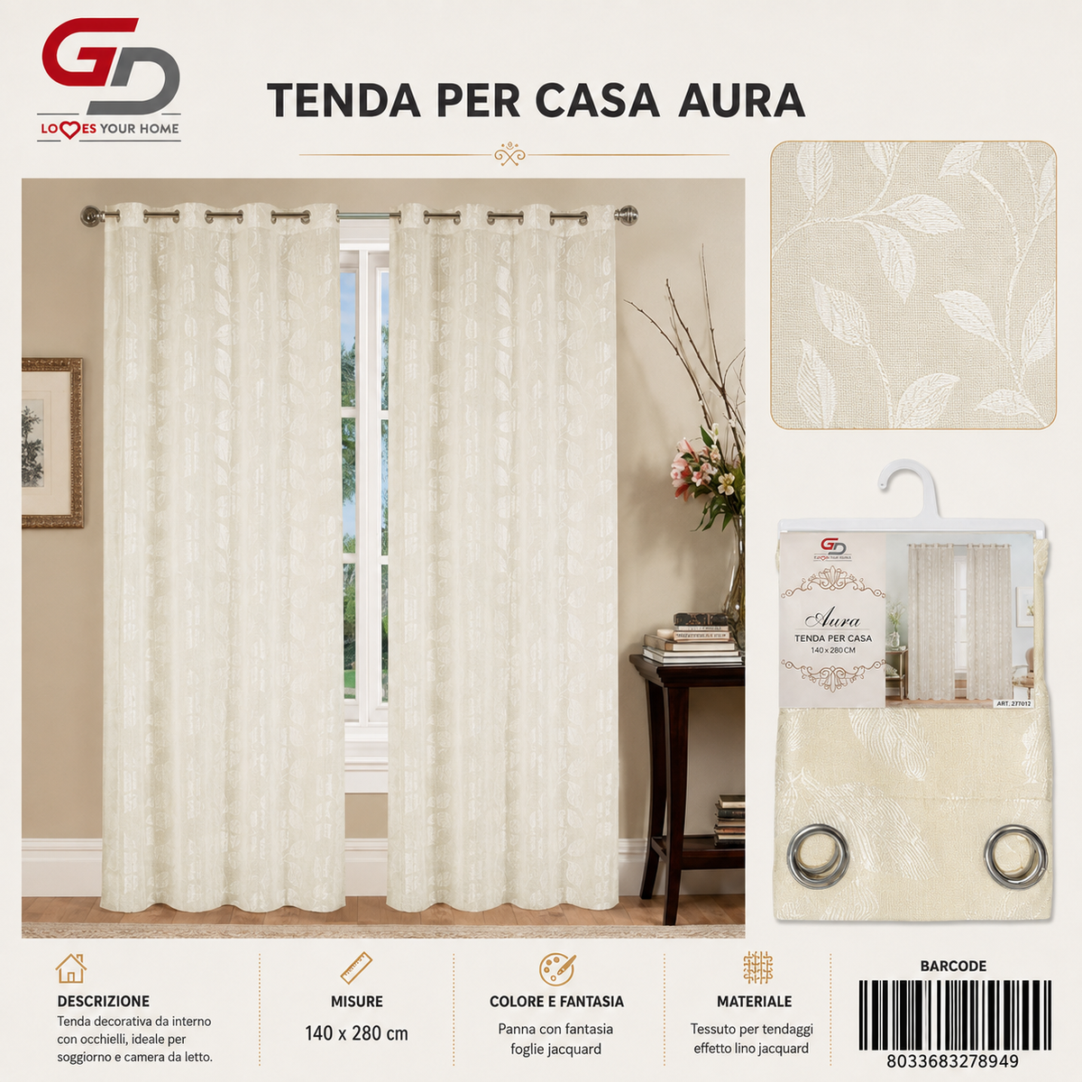 TENDA PER CASA AURA 140*280CM PANNA - 8033683278949