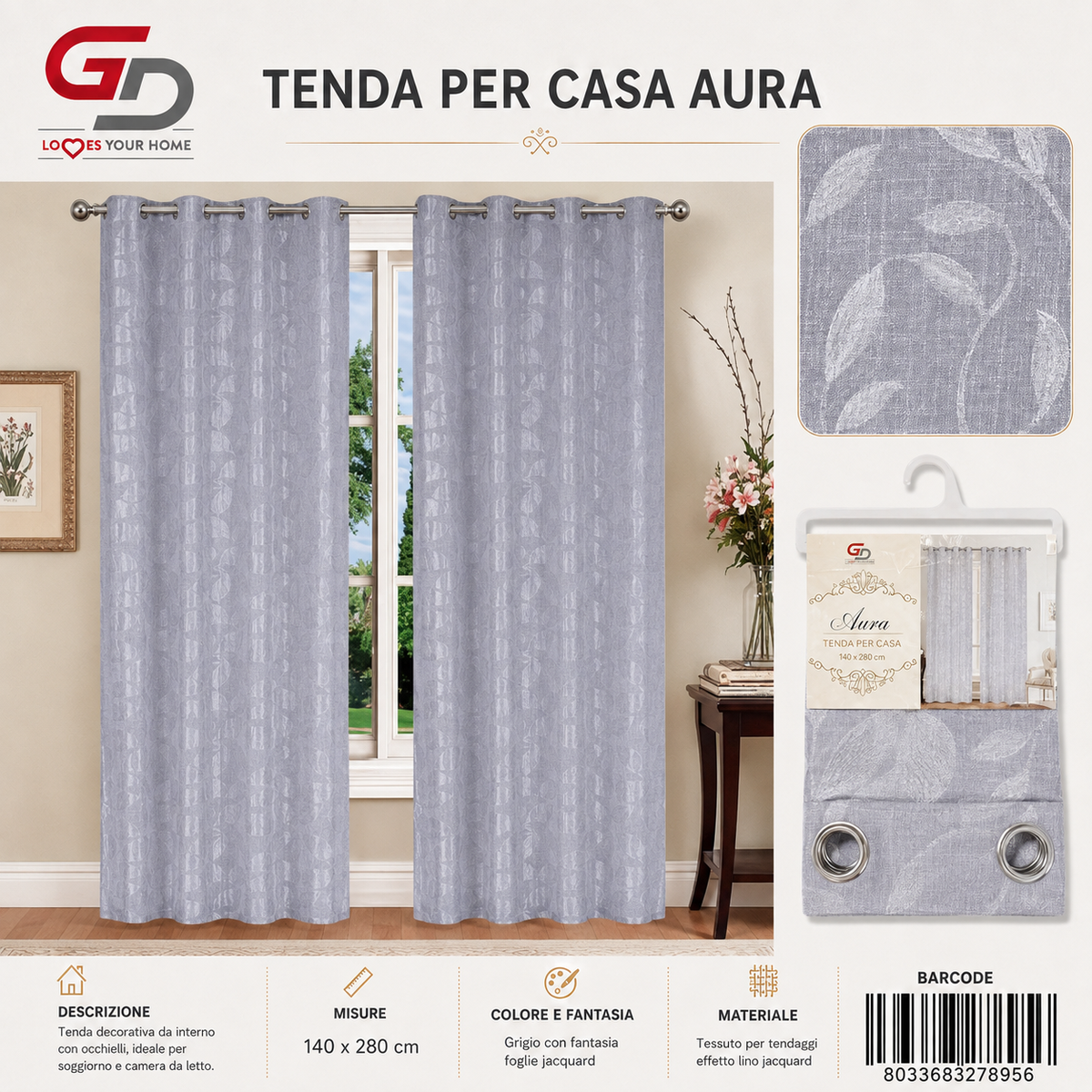 TENDA PER CASA AURA 140*280CM GRIGIO - 8033683278956