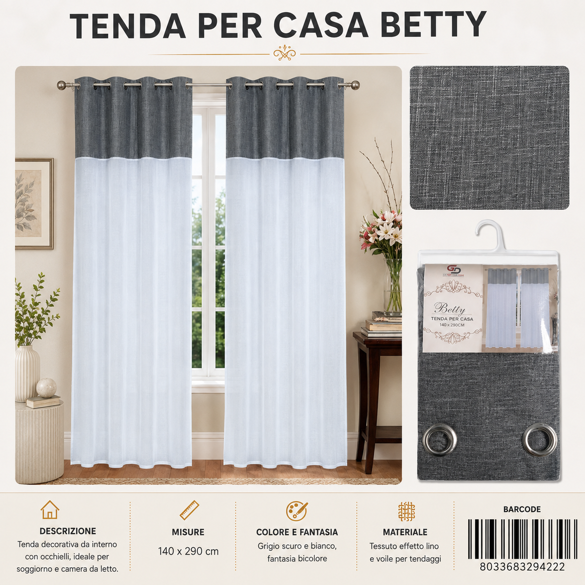 TENDA PER CASA BETTY 140*290CM GRIGIO SCURO - 8033683294222