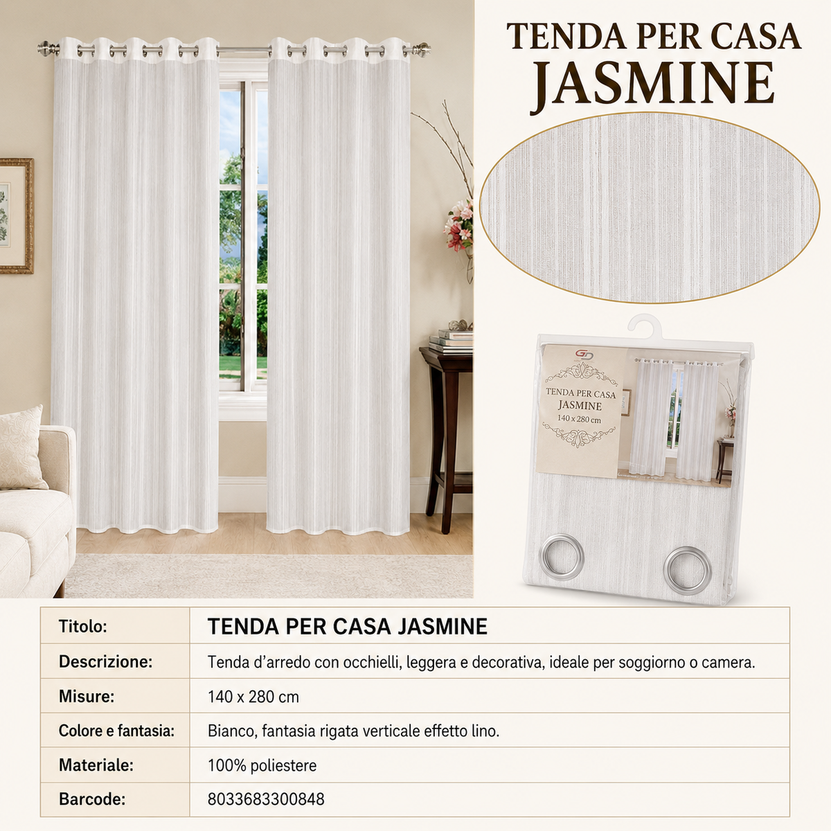 TENDA PER CASA JASMINE 140*280CM BIANCO - 8033683300848