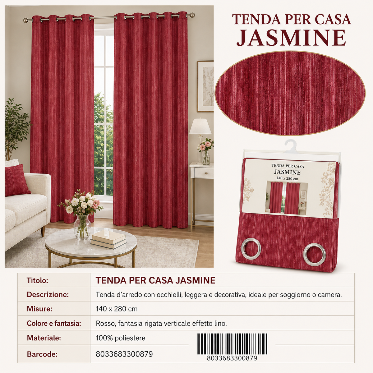 TENDA PER CASA JASMINE 140*280CM ROSSO - 8033683300879
