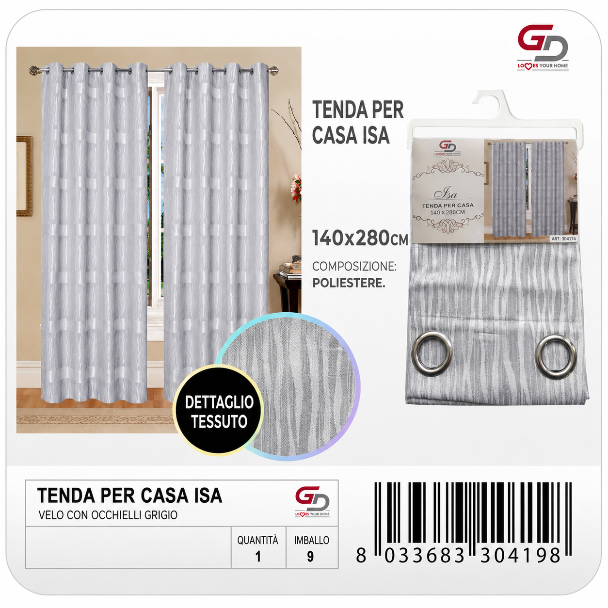 TENDA PER CASA ISA 140*280CM GRIGIO