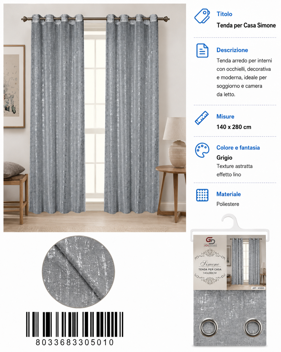 TENDA PER CASA SIMONE 140*280CM - 8033683305010
