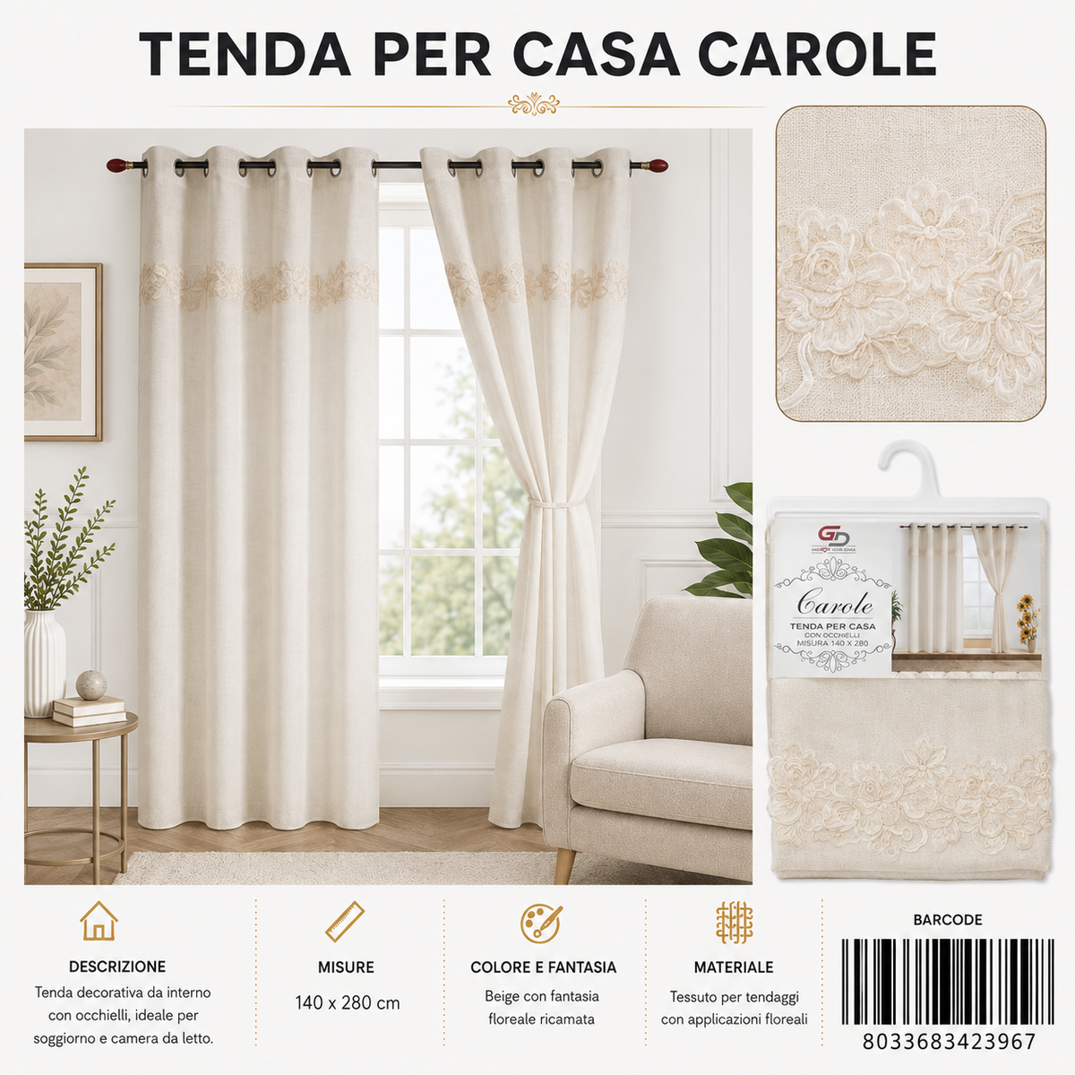 TENDA PER CASA CAROLE 140*280CM - 8033683423967