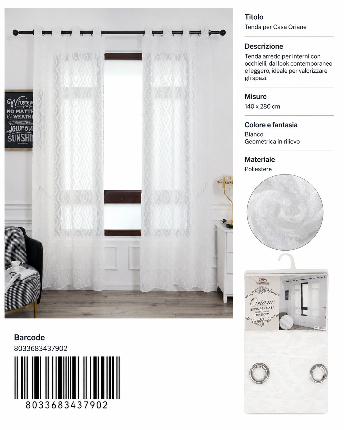 TENDA PER CASA ORIANE 140*280CM - 8033683437902