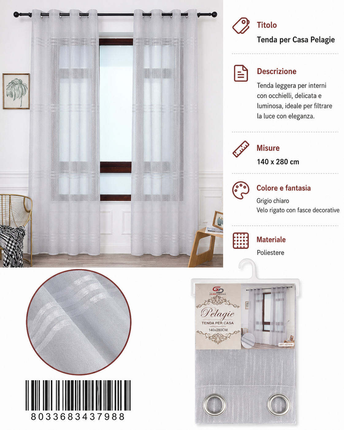 TENDA PER CASA PELAGIE 140*280CM - 8033683437988