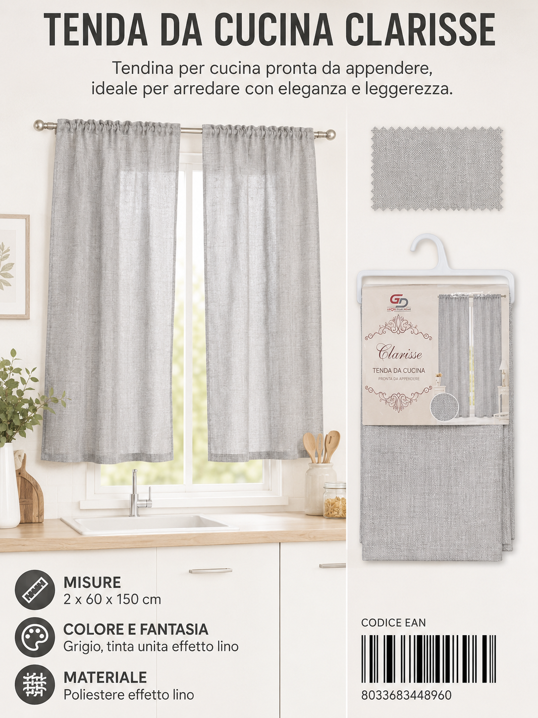 TENDA DA CUCINA CLARISSE 2*60*150CM 2*60*150CM - 8033683448960