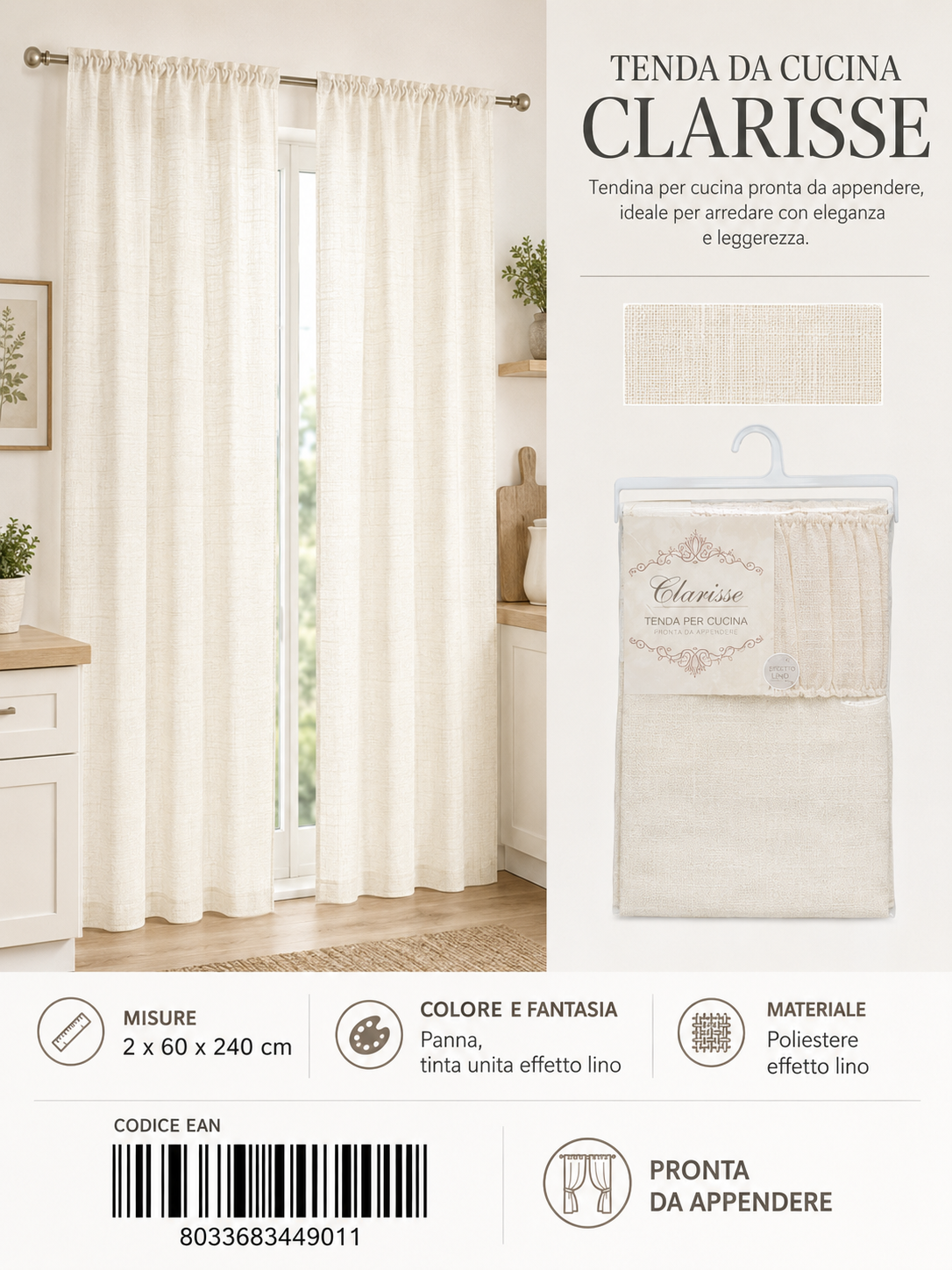 TENDA DA CUCINA CLARISSE 2*60*240CM 2*60*240CM - 8033683449011