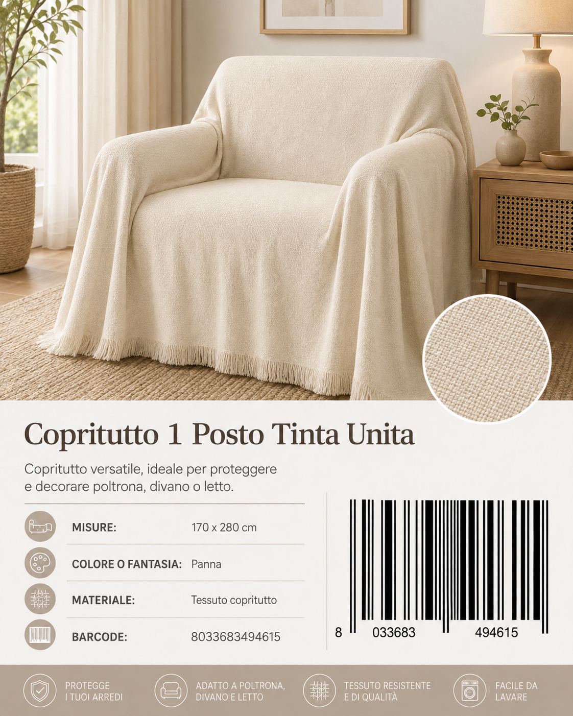 Copritutto 1P T.U. 170 X 280 Cm Panna Copritutto - 8033683494615