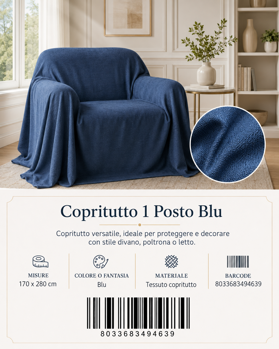 Copritutto 1P T.U. 170 X 280 Cm Blu Copritutto - 8033683494639