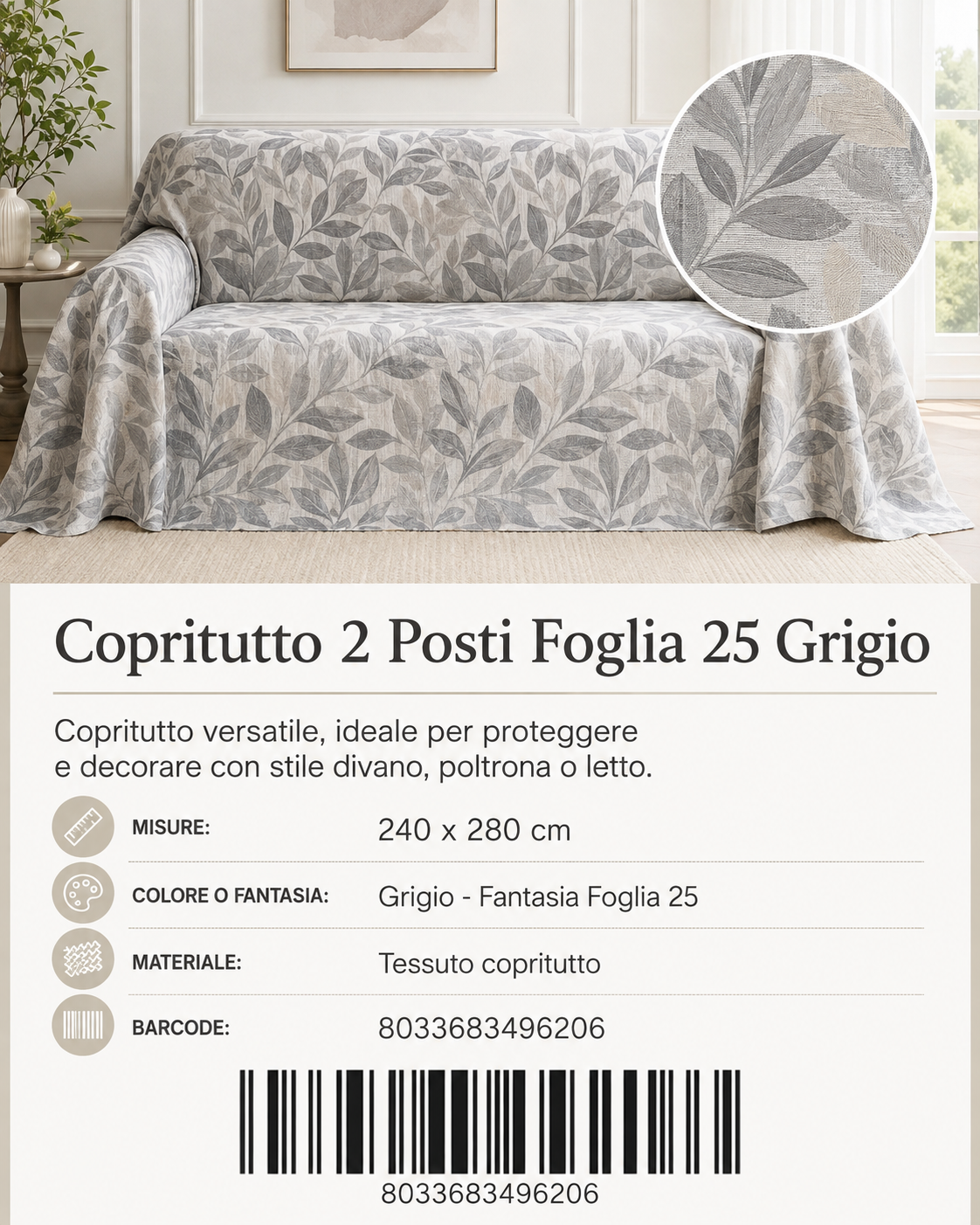 Copritutto 2P Stp Copritutto Foglia 25 Grigio 240 X 280 Cm Un Colore Per Box - 8033683496206