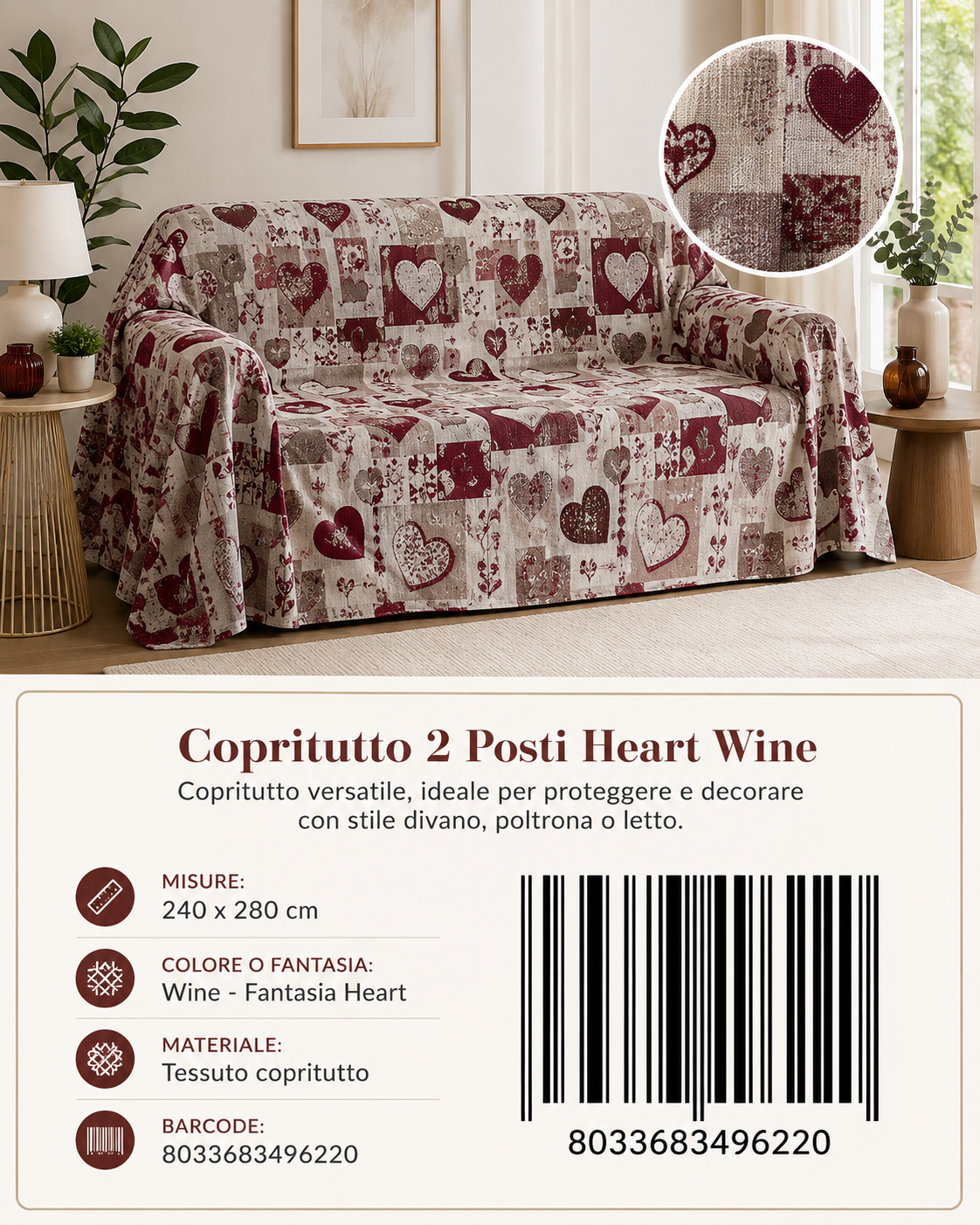 Copritutto 2P Stp Copritutto Heart Wine 240 X 280 Cm Un Colore Per Box - 8033683496220