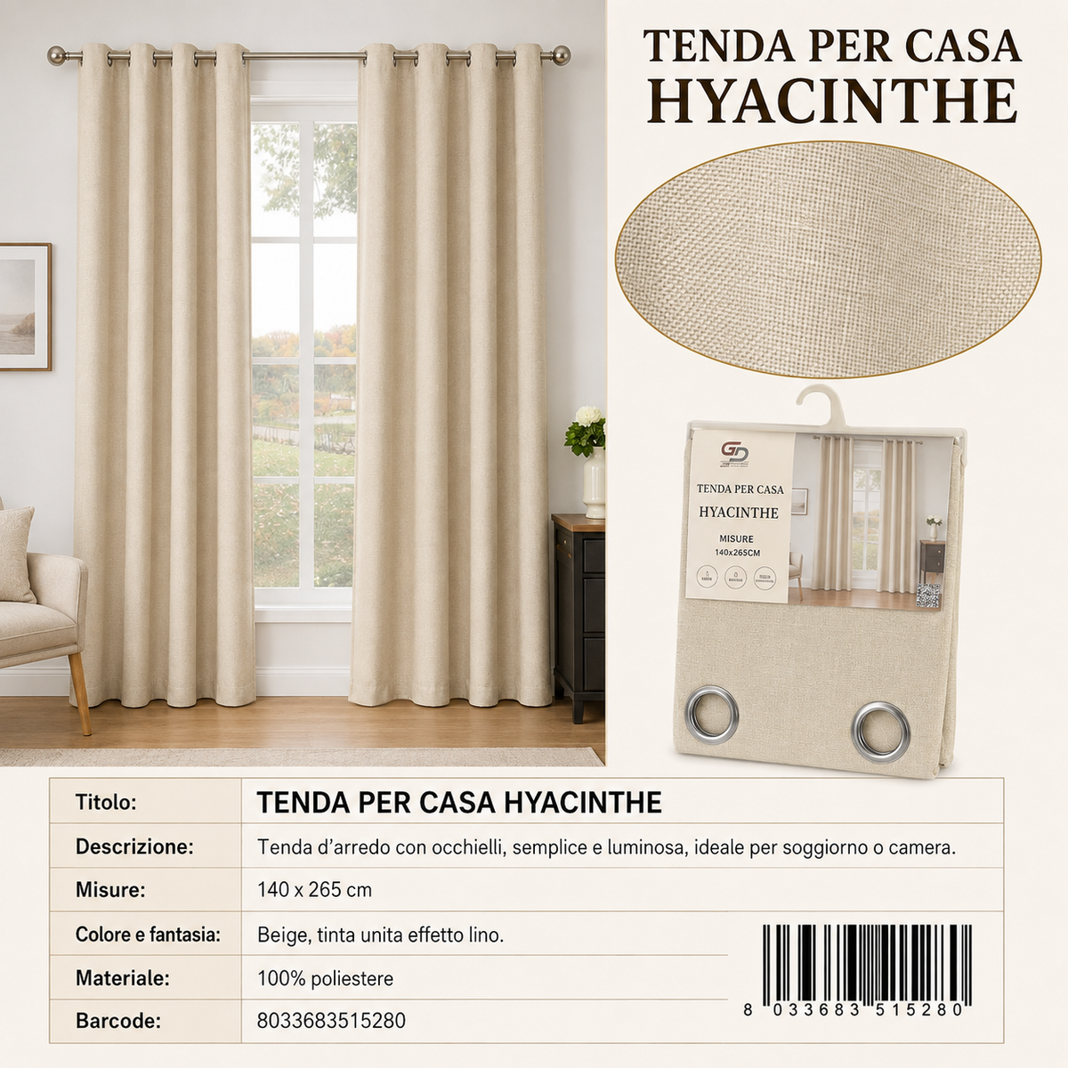 TENDA PER CASA Hyacinthe 140*260-265CM - 8033683515280