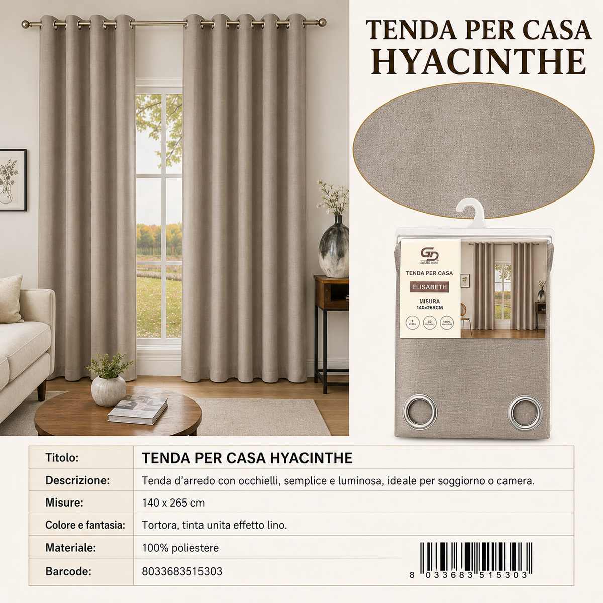 TENDA PER CASA Hyacinthe 140*260-265CM - 8033683515303